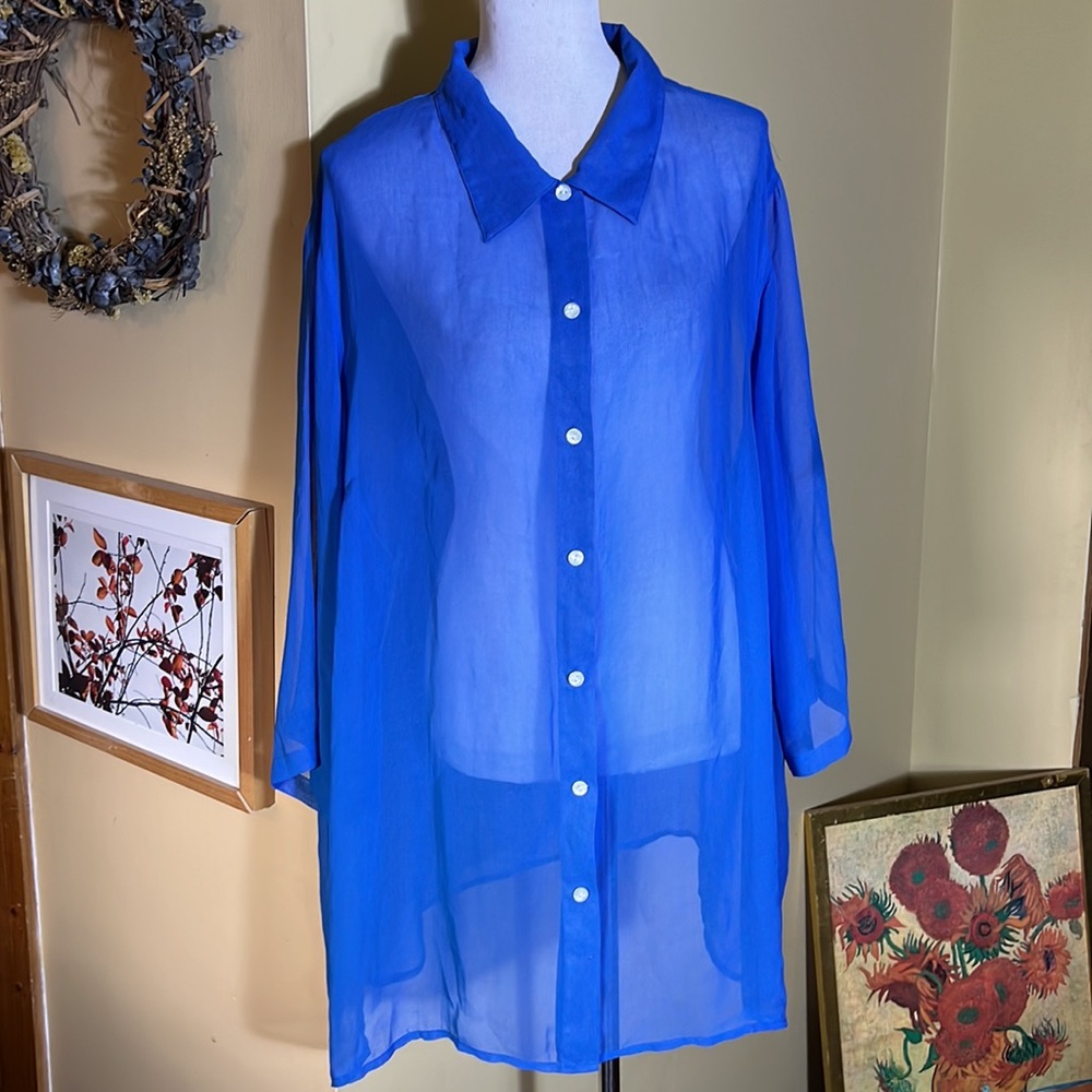 Vintage ROMANS Size 2X Blue Transparent Chiffon ButtonFront Blouse Layering Top